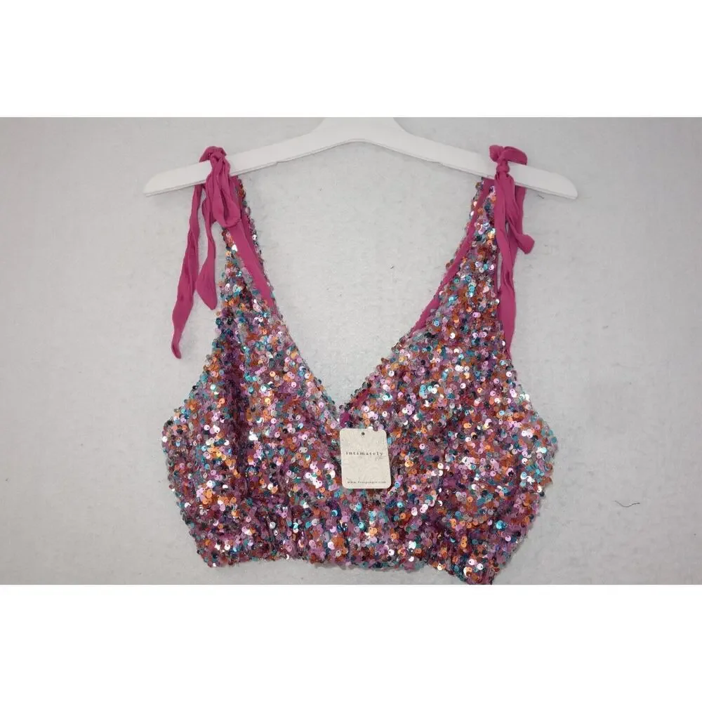 NEW Free People Intimately Big Night Sequin Crop Top Pink Women's Small